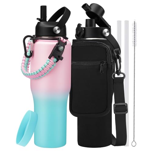 32oz Insulated Water Bottle with Straw Lid (Green Pink / 32 Ounces)