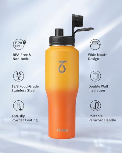 32 oz Water Bottle Insulated Fits in Any Car Cup Holder with 2 Lids (32 Ounces / Orange)