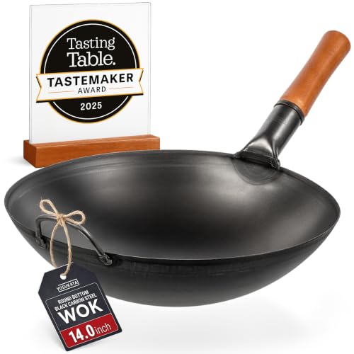 14" Black Carbon Steel Wok with Round Bottom