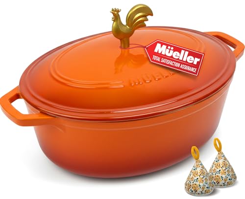 5.5 Quart Enameled Cast Iron Oval Dutch Oven w Rooster Knob & Cotton Potholders