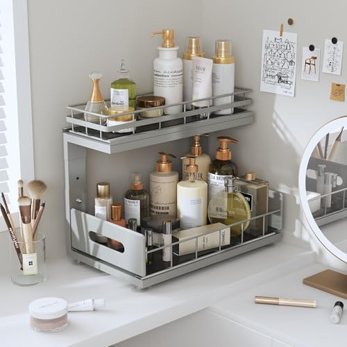 Under Sink Organizer Upgrade To Professional Rails (Gun Gray / 2 Pack-14.5"Dx12.8"-16.9"H)