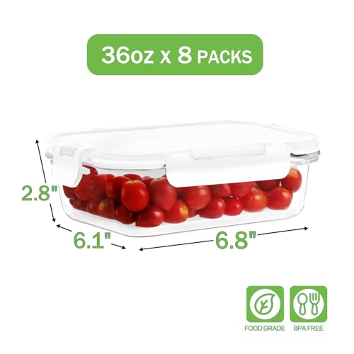 8 Pack 36oz Large Glass Meal Prep Containers with Leak Proof Snap (White / 8 Pack 36oz)