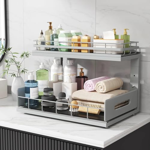 Under Sink Organizer Upgrade To Professional Rails (Gun Gray / 2 Pack-16.7"Dx12.8"-16.9"H)