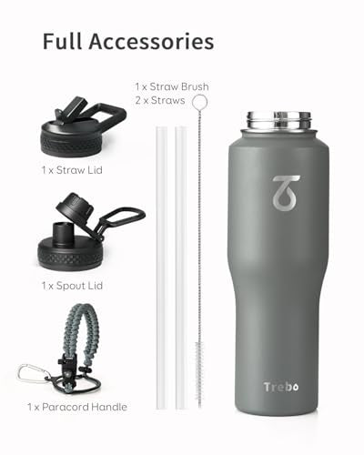 32 oz Water Bottle Insulated Fits in Any Car Cup Holder with 2 Lids (32 Ounces / Gray)