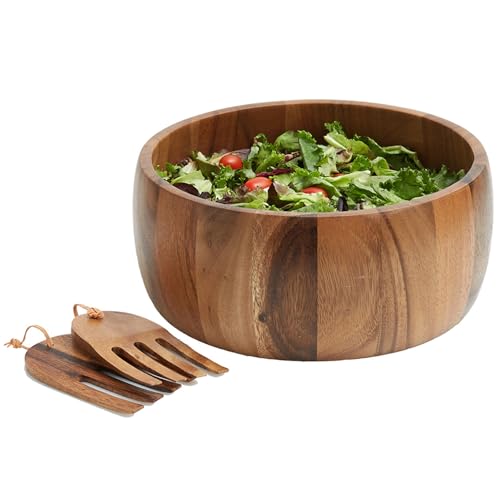 Woodard & Charles Acaica Wood 12" x 5" Serving Bowl Set with Serving Hands (12" x 5" Bowl w/ Salad Hands-*Pack of 4*)