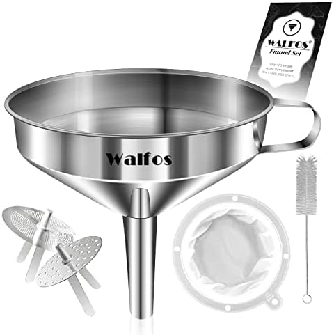 Stainless Steel Funnel, Walfos Kitchen Funnel with 2 Removable Strainer & 1Pc Cleaning Brush, Perfect for Transferring of Liquid, Oils, Jam, Dry Ingredients & Powder (Big, 4.9")