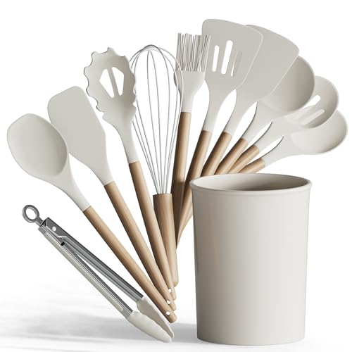 Silicone Cooking Utensils Set [12 (Cream)