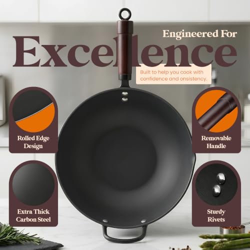 Carbon Steel Wok with Lid Ceramic Nonstick Flat Bottom Wok Pan Induction Compatible Stir Fry Wok Beech Wood Handle Glass Lid Healthy Cooking Wok for Gas Electric Ceramic Halogen Cooktops (11.8" (30cm))