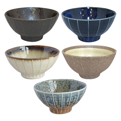 Set of 5 Japanese Ceramic Striped Ichichin Rice Bowls (Black)