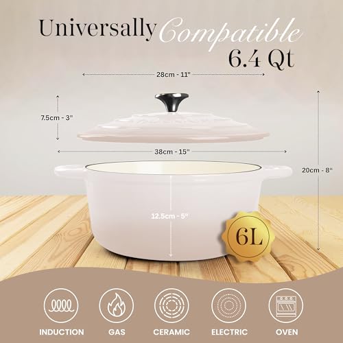 Enamelled Cast Iron Dutch Oven Pot with Lid 6.4 Quart Non Stick Casserole Pot (Oyster / 6.4-Quart - Deep)
