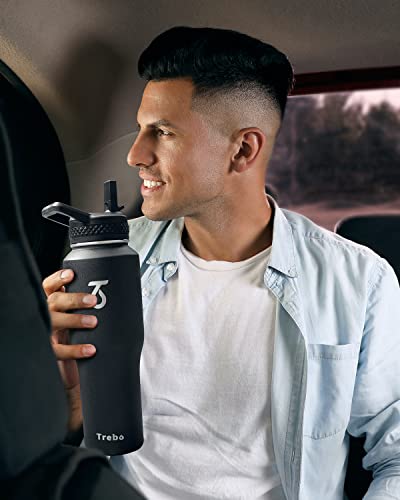 32 oz Water Bottle Insulated Fits in Any Car Cup Holder with 2 Lids (32 Ounces / Black)