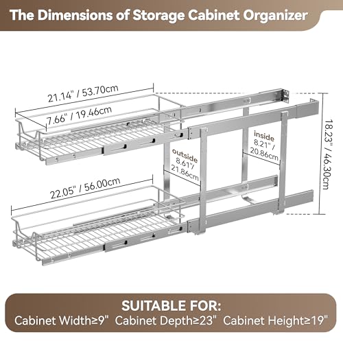 2 Tier Pull Out Cabinet Organizer 9" W X 22" D (2 Tier - Chrome-Plated / 9" W X 22" D)
