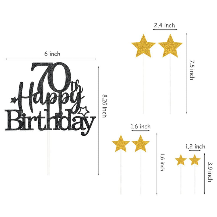 Black Gold 70th Birthday Cake Topper with Glittery Stars (7 Count)