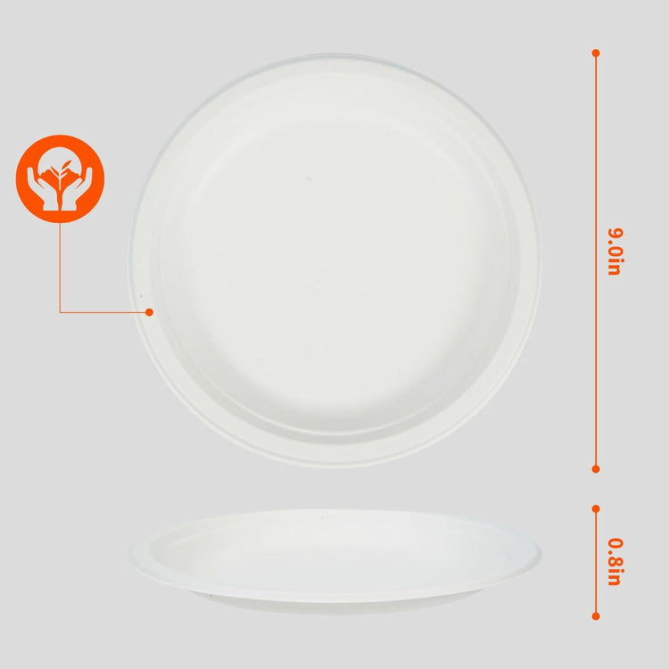 Compostable Paper Plates 9 Inch - 100% Biodegradable, Heavy Duty Eco-Friendly Disposable Plates for Camping,Parties, Weddings, BBQ (150 Pack) (9" White Plates)