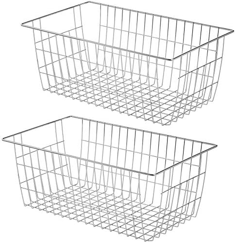 SANNO Freezer Baskets for Storage Pantry Large Metal Wire Food Storage Organizer Bin Basket with Handles - for Kitchen Cabinets, Pantry, Bathroom, Laundry Room, Closets, Garage - Chrome,2 pack