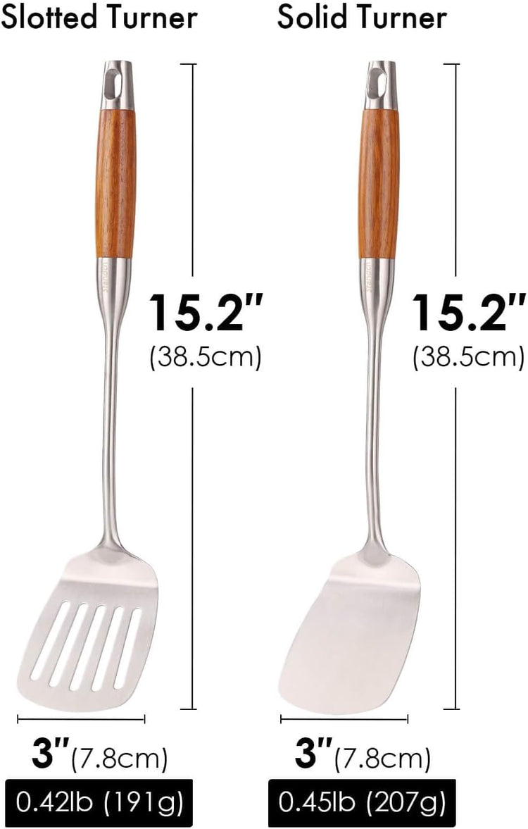 18/10 Stainless Steel Spatulas Set - 15” Long Spatulas for Kitchen, Metal Cooking Utensils - 1 Slotted Spatula + 1 Solid Turner (style B - roosewood handle)