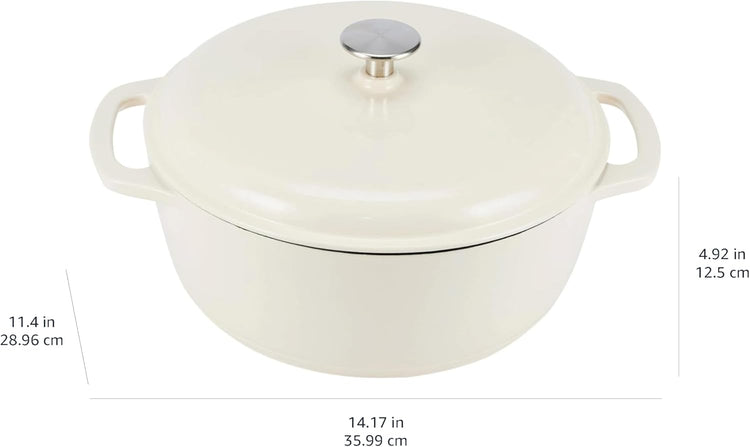 Amazon Basics Cast Iron Dutch Oven Pot with Lid, Enameled, Round, Dual Handles, Heavy-Duty, Medium, 6-Quart, White - Nestoria