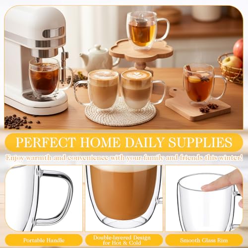 8 Pcs 16oz Clear Glass Coffee Mugs Double Walled Coffee Cups Glasses Insulated Latte Mugs with Handle Espresso Clear Cups for Cappuccino Tea (480ml / Clear)