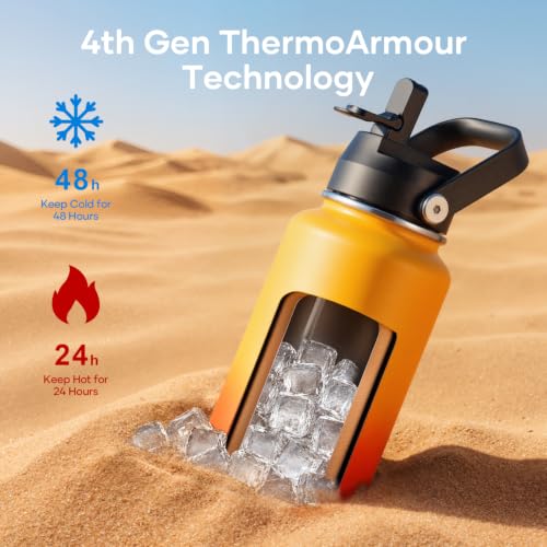 40 oz Insulated Water Bottle with Paracord Handle & Straw Spout Lids (40 Ounces / Yellow Orange)