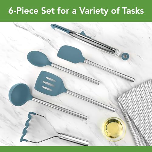Silicone Cooking Utensil Set of 6 Blue Slate Ladle Slotted Turner Tongs Flex Core Spatula Scraper Mixing Spoon and Potato Masher (Blue Slate)