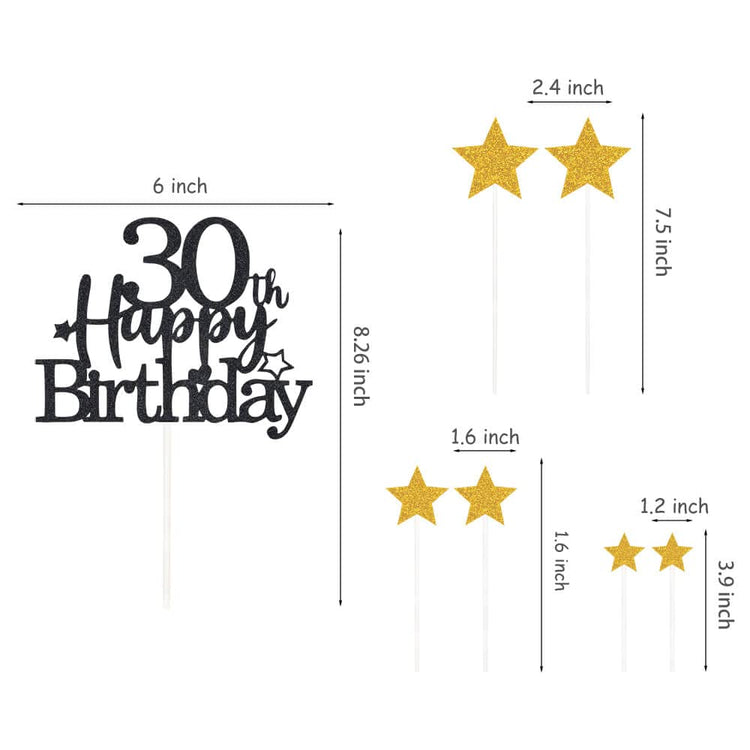 Black Gold 30th Birthday Cake Topper with Glittery Stars (7 Count)