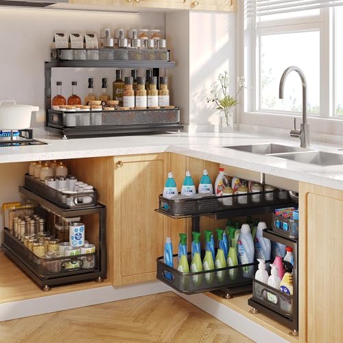 2 Pack 21.3 IN Depth Under Sink Organizer With Next (Black / 2 Pack-21.3"Dx11.8"-16.5"H)