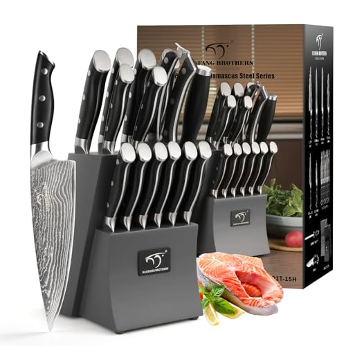 15PCS Damascus Chef Kitchen Knife Set with Block