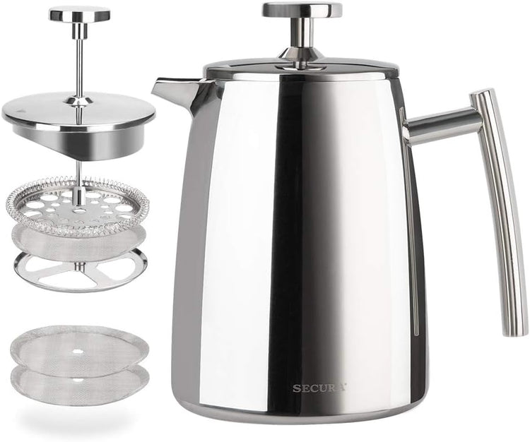 Secura French Press Coffee Maker, 17-Ounce, 304 Stainless Steel Insulated Coffee Press with Extra Screen