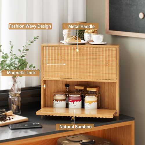 Corner Bread Box for Kitchen Countertop Bamboo Two Layer Large Capacity Bread Storage Bin Vintage Storage for Homemade Bread (Natural Bamboo)
