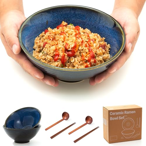 8 Inch Ceramic Ramen Bowl Set of 2 (Blue Topaz)