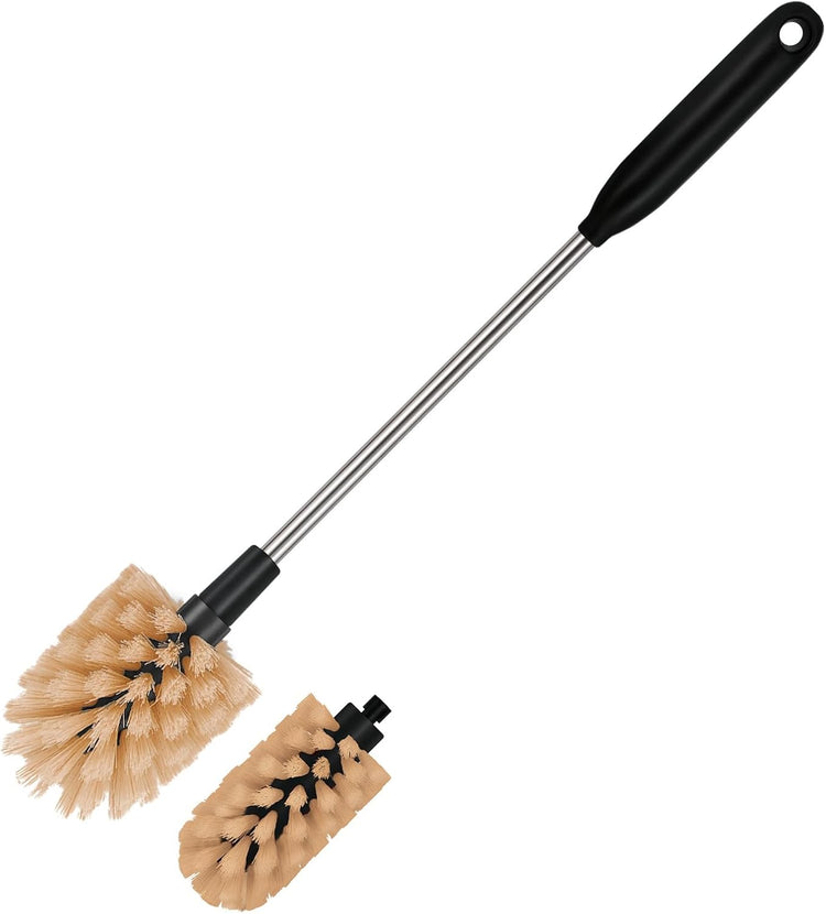 2-in-1 Long Handle Bottle Brush - Water Bottle Cleaning Accessories - Flexible Scrub Brush for Water Bottles,Mugs, Glasswares - with Replacement Brush Heads,Dishwasher Safe Reusable,Brown