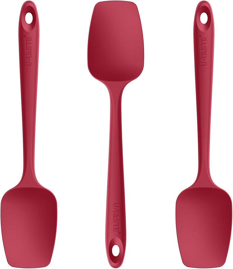 U-Taste Silicone Spoon Spatula Set: 480ºF Heat Resistant Food Grade Flexible Rubber Spoonula, Nonstick Cooking Mixing Scooping Kitchen Baking Scraper Utensils Set of 3 for Pan, Pot, Bowl (Red)