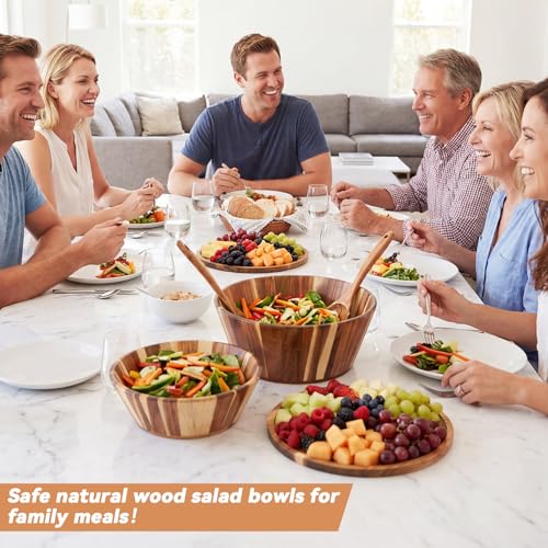 2 Sets 10" 12" Large Wooden Salad Bowls Set Acacia Wooden Mixing Serving Bowls Decorative with Serving Utensils and Cover for Fruits Salad Pasta Kitchen Party