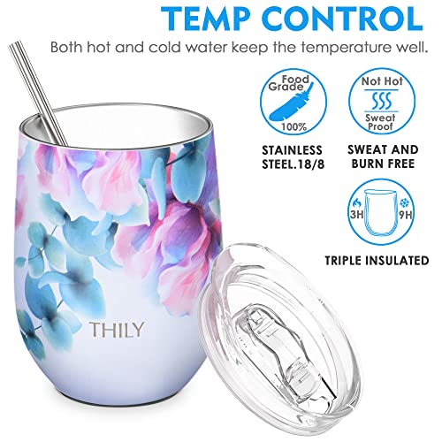 Stainless Steel Stemless Wine Tumbler 4 Pack Vacuum Insulated Travel Wine Glasses with Sliding Lids and Straws (4 Pack - Flower Series / 4 Count (Pack of 1))
