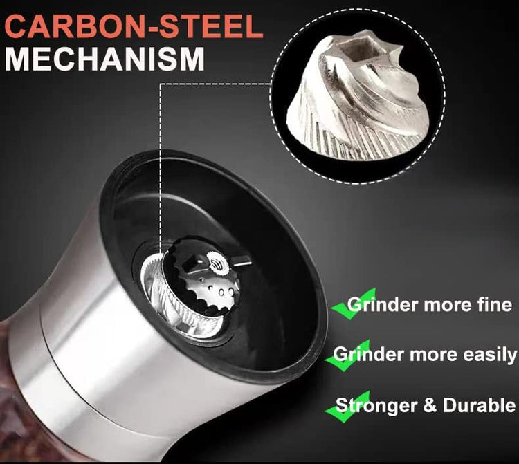 Professional Pepper Grinder - with Germany Hardened Carbon Steel Mechanism Rotor, Refillable Pepper Mill 6OZ Glass Adjust Coarseness (1PCS-Sliver-304)