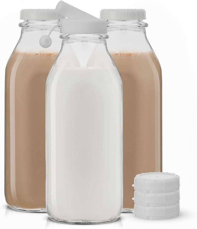 JoyJolt Glass Milk Bottles with Lids and Pourer – 32 Oz, 3 Pack Airtight Heavy Duty Reusable Glass Bottles, Leakproof, BPA-Free, Food Grade, Dishwasher Safe Jug, Pitcher for Milk, Juice, and Water