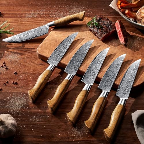 SENKEN 6 Piece Damascus Steel Steak Knife Set (6 Count)
