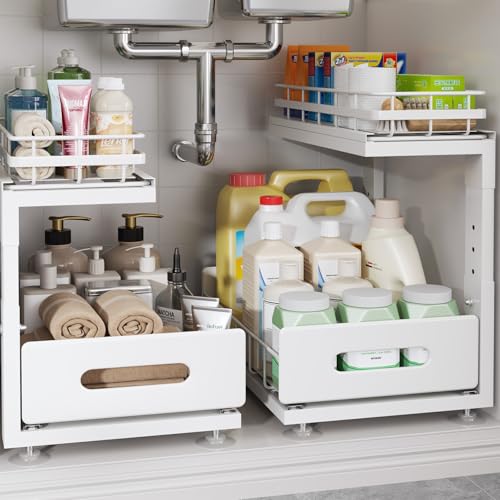 Under Sink Organizer Upgrade To Professional Rails (White / 2 Pack-14.5"Dx12.8"-16.9"H)