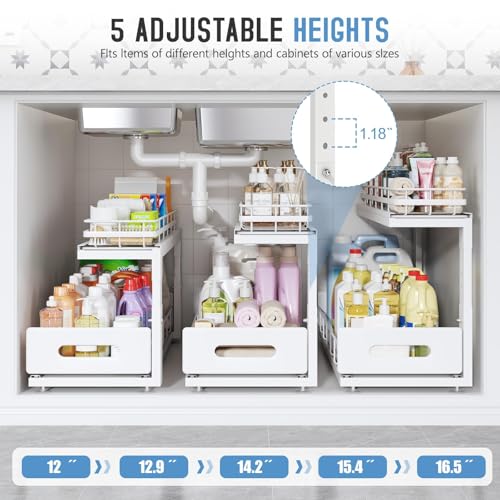 Under Sink Organizer Upgrade To Professional Rails (White / 2 Pack-21"Dx12.8"-16.9"H)