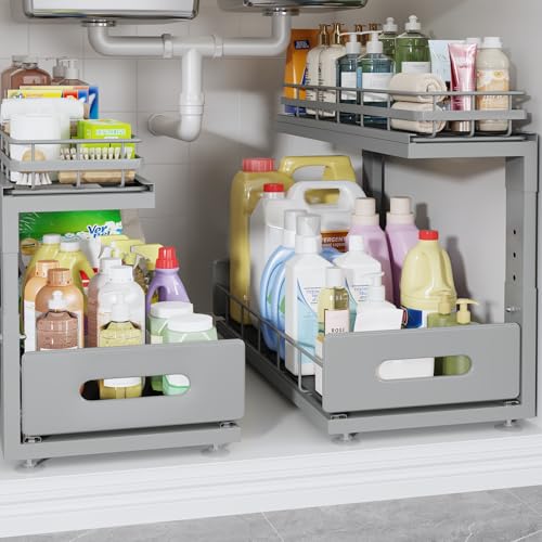 Under Sink Organizer Upgrade To Professional Rails (Gun Gray / 2 Pack-18.5"Dx12.8"-16.9"H)
