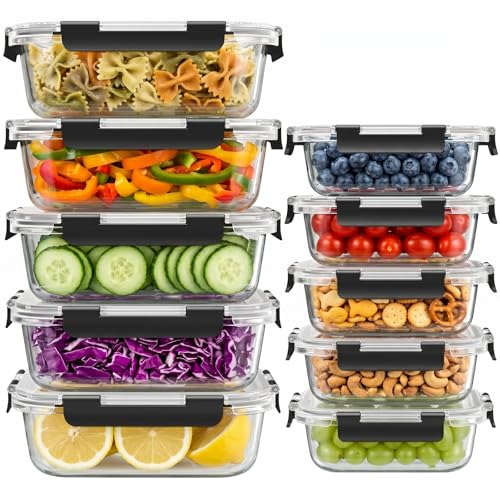 10 Sets 36 oz & 12 oz Glass Food Storage Containers with lids (Black)