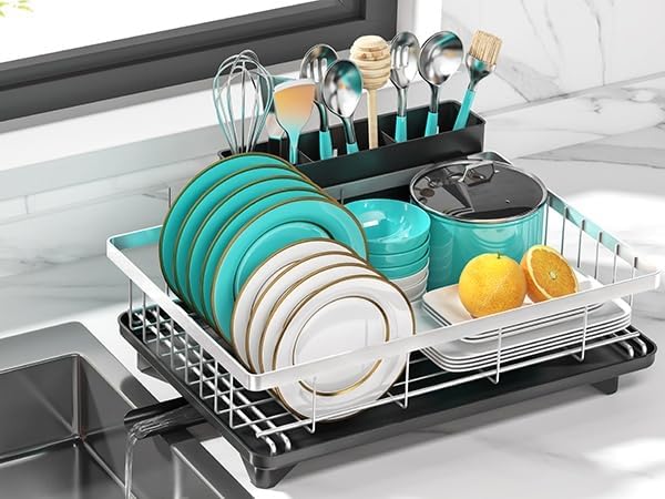 MERRYBOX Stainless Steel Dish Drying Rack for Kitchen Counter Sink,Rustproof Stainless Steel Dish Rack with Large 3-Compartment Utensil Holder