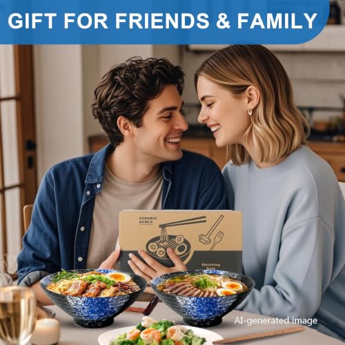 8 Inch Ramen Bowl Set 2 Large Japanese Bowls Ceramic Microwavable 8pcs (Blue / 8 INCH 2 Set)