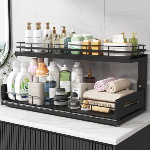 Under Sink Organizer Upgrade To Professional Rails (Black / 2 Pack-21"Dx12.8"-16.9"H)