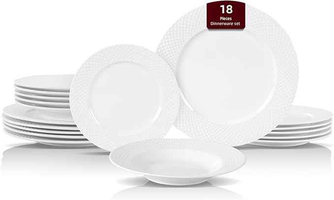 HomeVss, New Bone China Dinnerware Set, Embossed Diamond Design, 18pc Set