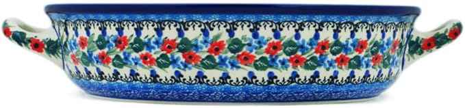 Polmedia Polish Pottery Round Baker with Handles 10-inch UNIKAT - Blue Escape Pattern Handmade in Boleslawiec Poland by Ceramika Artystyczna + Certificate of Authenticity