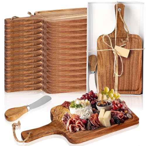 16set Acacia Wood Charcuterie Board with Knife Wooden Serving Tray with Groove Acacia Wood Cutting Board with Card and Gift Box for Wedding Baby Shower Housewarming Gift (16 Count)