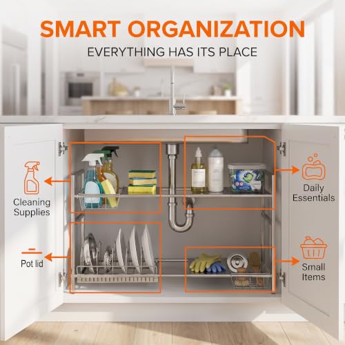 Li&Zhao Stainless Steel Under Sink Organizer (Two-tier with 4 shelves and 2 baskets)