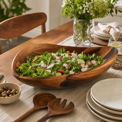 Wave Pattern Large Acacia Wood Salad Bowl (4" Tall x 12" Wide x 19" Long)
