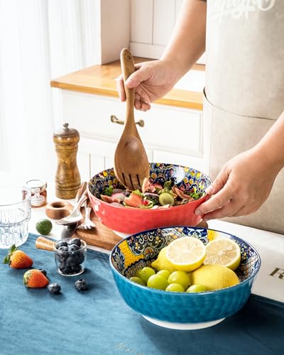 Large Salad Bowl Sets for Serving Pho (Blue+Red / 48 Oz)